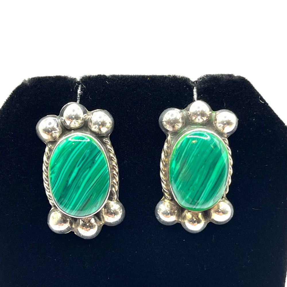 Green Oval Malachite Earrings Sterling Silver Pierced Chunky Earrings Green